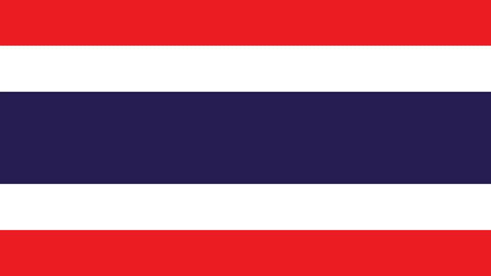 Die Flagge von Thailand von oben nach unten: rot, weiß, dunkelblau doppelte breite, weiß, rot